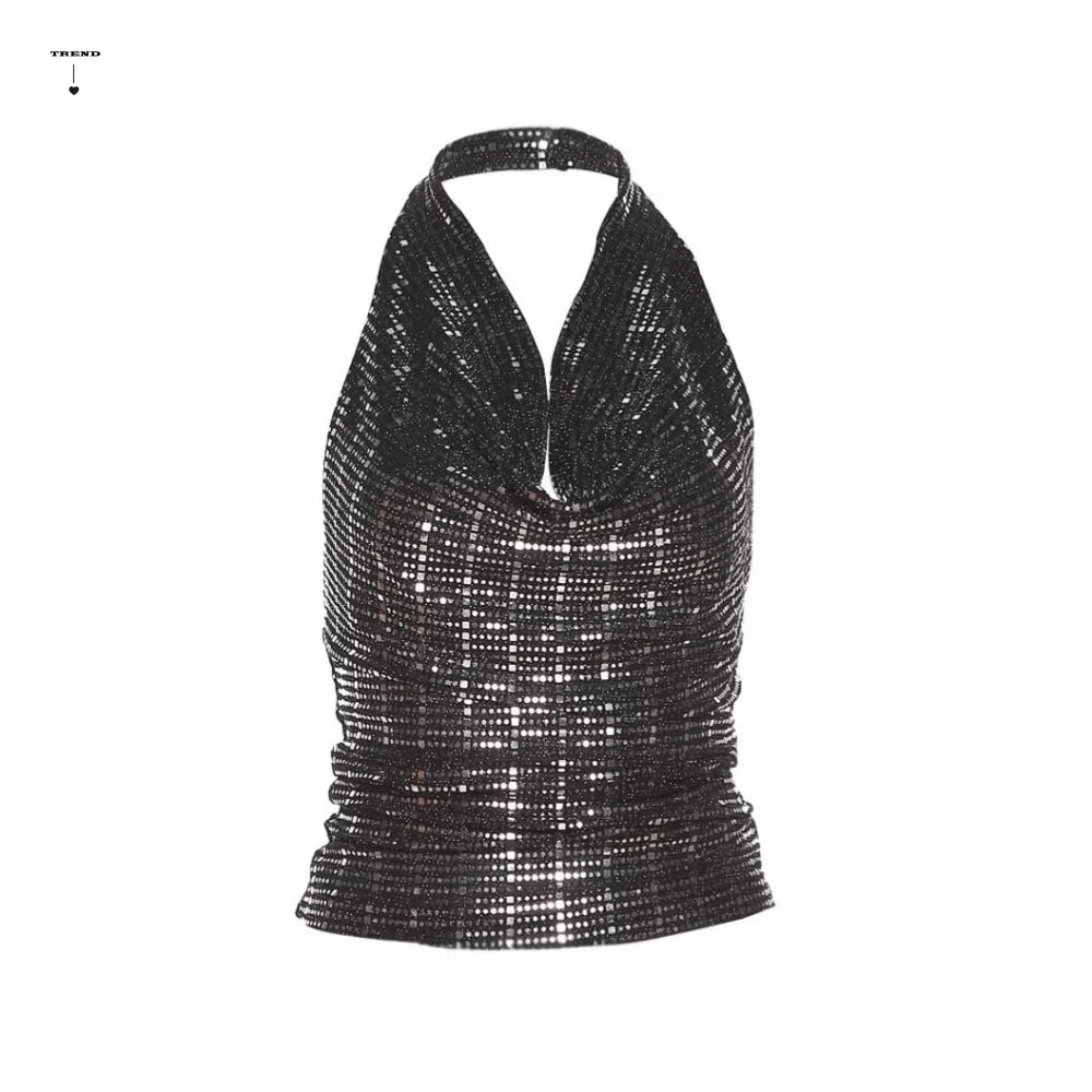 V-neck Glitter Tank Top Vest Sling Sleeveless Sweet Spicy Slim Camisole Backless Spicy Girl Style Glitter Hanging Neck Top Lady Qme