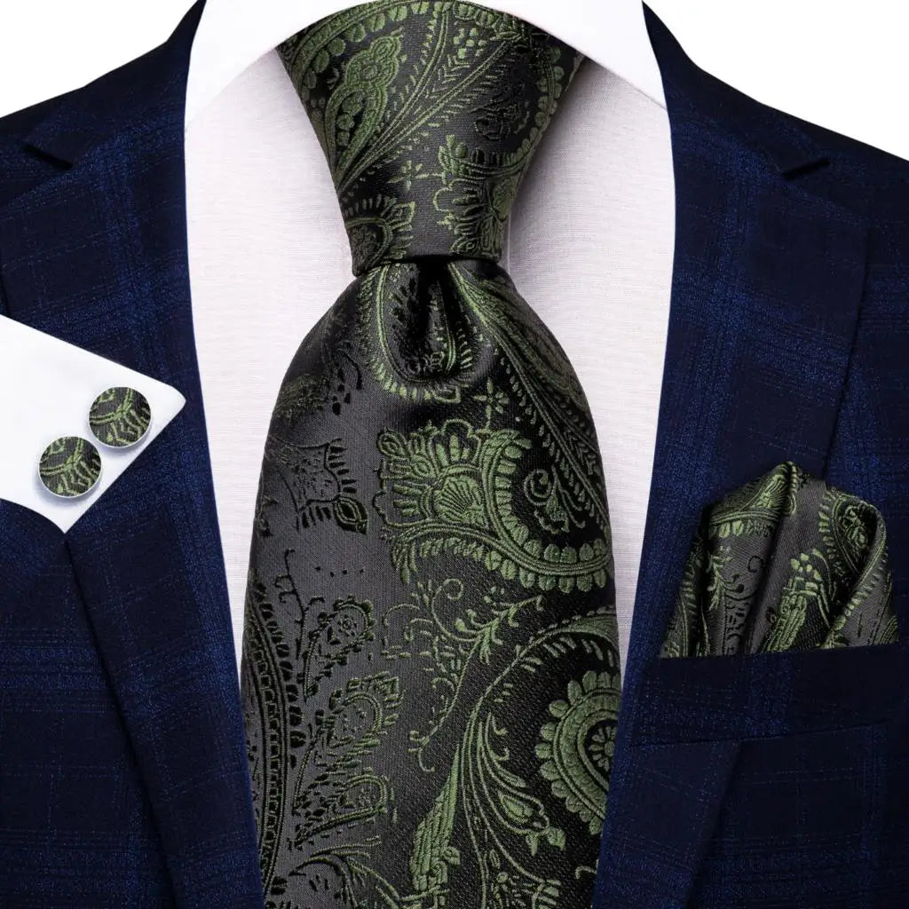 Hi-tie Men Fashion Paisley Sage Green Necktie Handkerchief Cufflinks