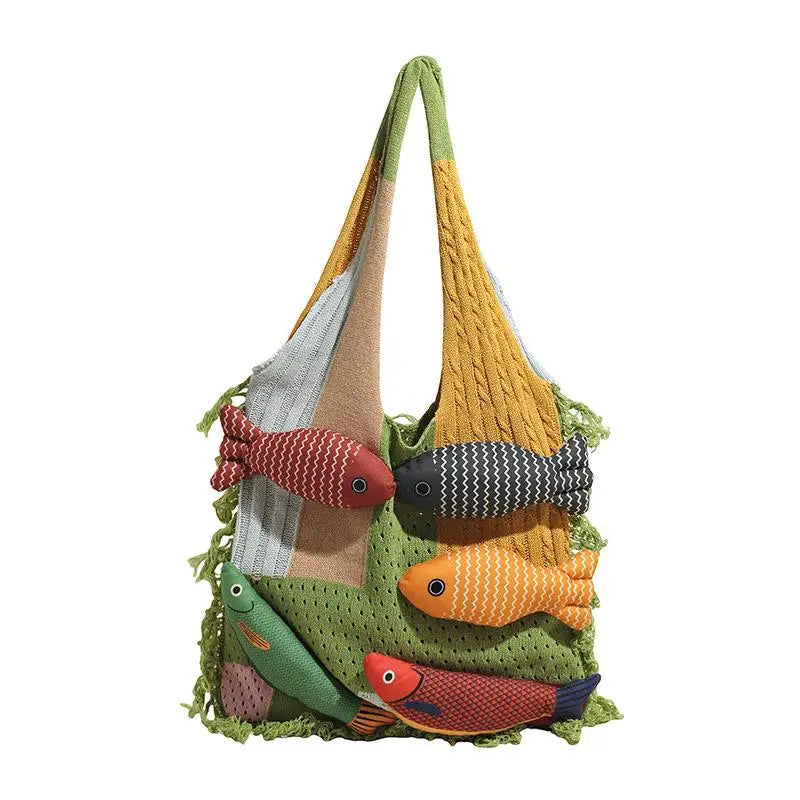 Creative Tassel Knitted Splicing Shoulder Bag Cute Little Fish Tote Qme A4