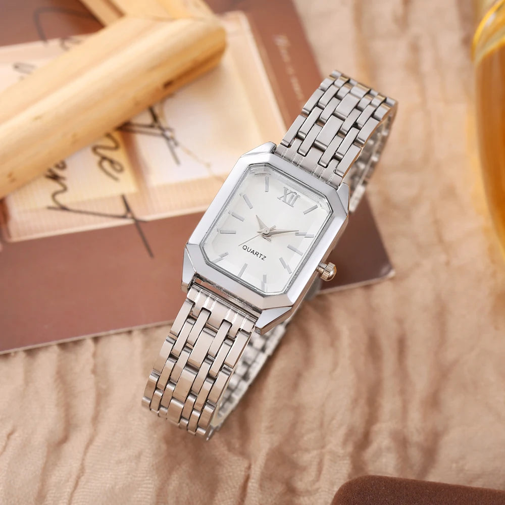 New retro square women's watch ins wind steel strip niche quartz watch medieval simple luxury student watch Qme silvery white