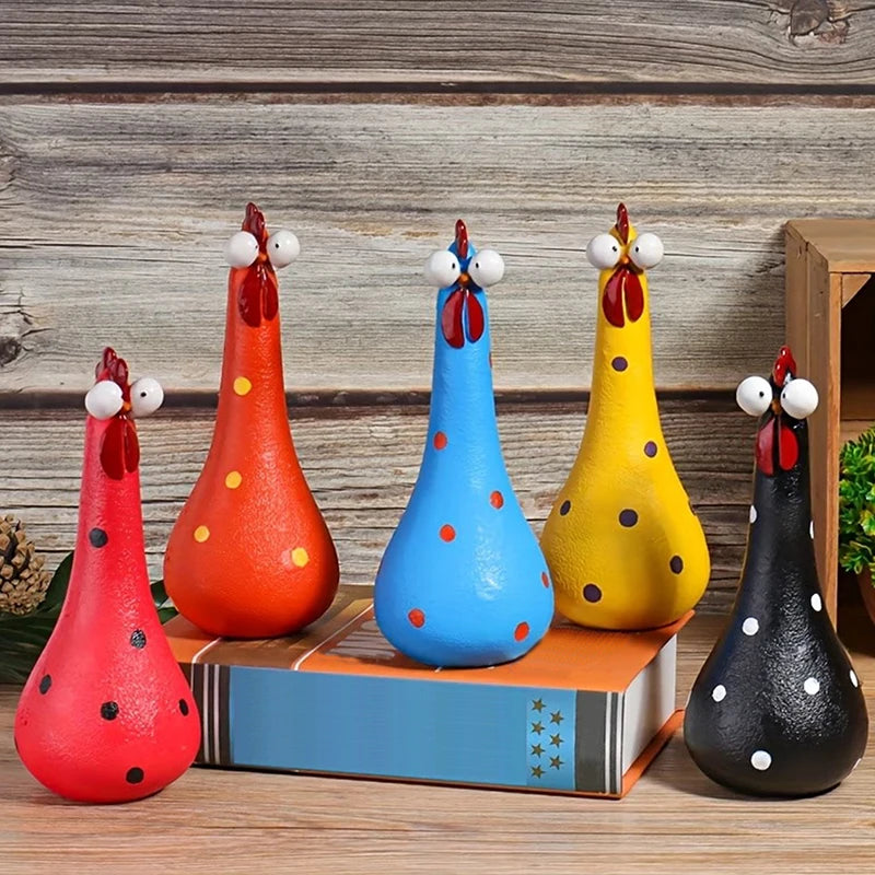Quirky Big-eyed Chicken Figurine Colorful Polka Dot Resin Statue Long Qme