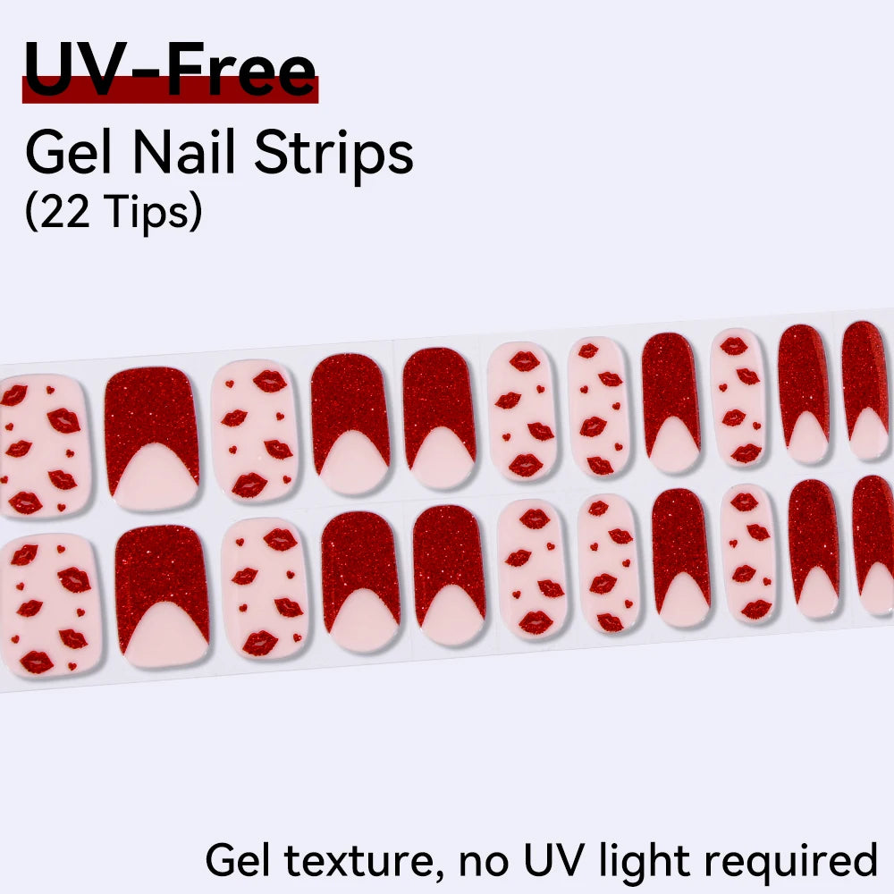 22 Tips Sheet Red French Heart UV-Free Gel Nail Stickers Long-lasting Qme BSA-0384