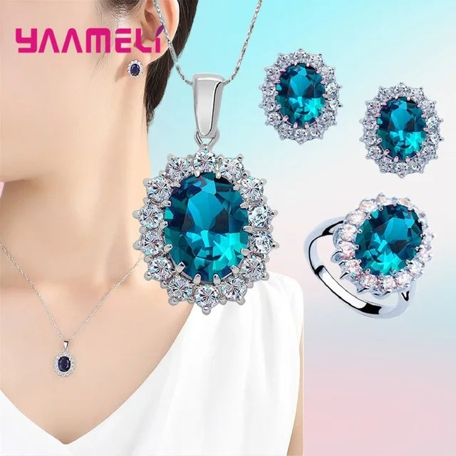 100% Authentic 925 Sterling Silver Color Women Wedding Engagement Jewelry Sets Oval Flower Design Shiny Cubic Zircon Crystal Qme Sky Blue