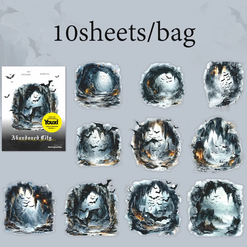 10 Sheets/Bag Gothic Abandoned City Scenery Stickers for Scrapbooking Planner Notebook DIY Phone Case Decoration Office Gift Qme 4
