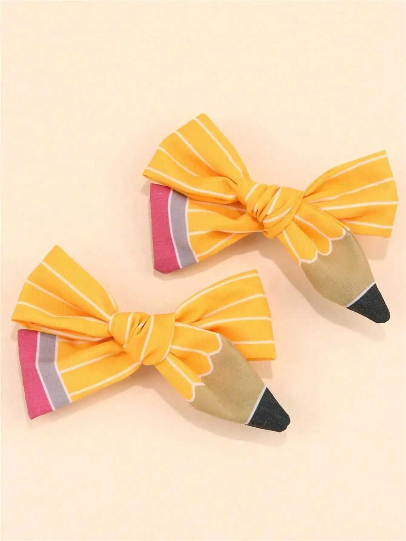Season Pencil Hair Bow Clips White Line Ponytail Holder Ribbon Qme 2pcs