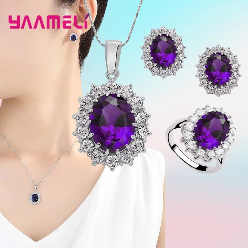 Authentic 925 Sterling Silver Plated Women Wedding Engagement Jewelry Sets Princess Oval Zircon Crystal Necklace Earrings Ring Qme Purple