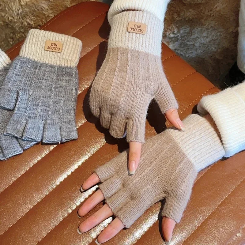 2024 Men Winter Fingerless Half Finger Knitted Gloves Office Warm Qme