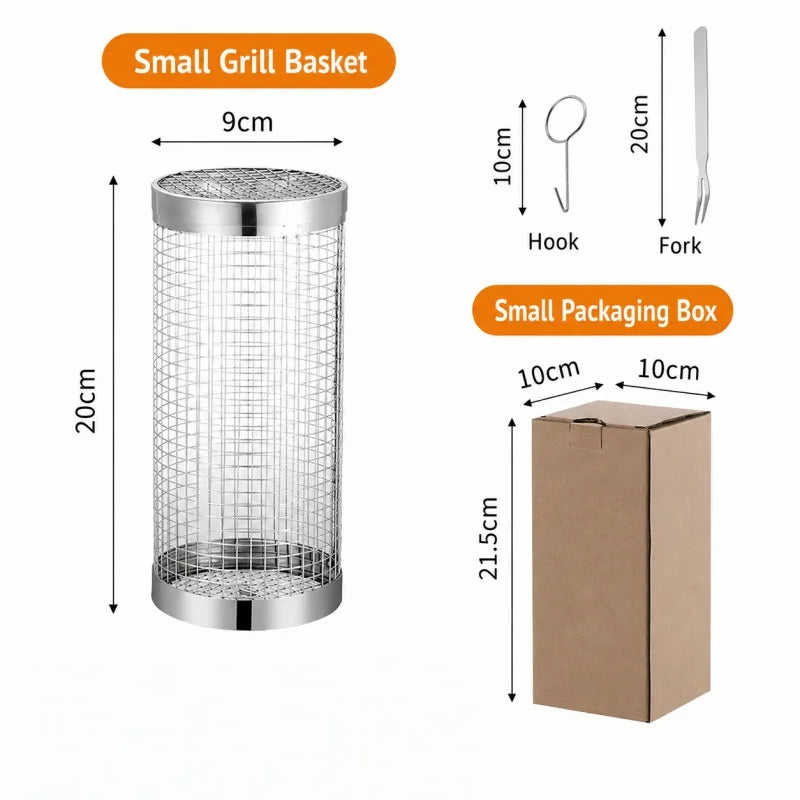 Stainless Steel Cylinder Rolling Grilling Basket Portable Round BBQ Rack Wire Mesh Barbecue Grate for Outdoor Camping Picnic Qme 20CM With Fork