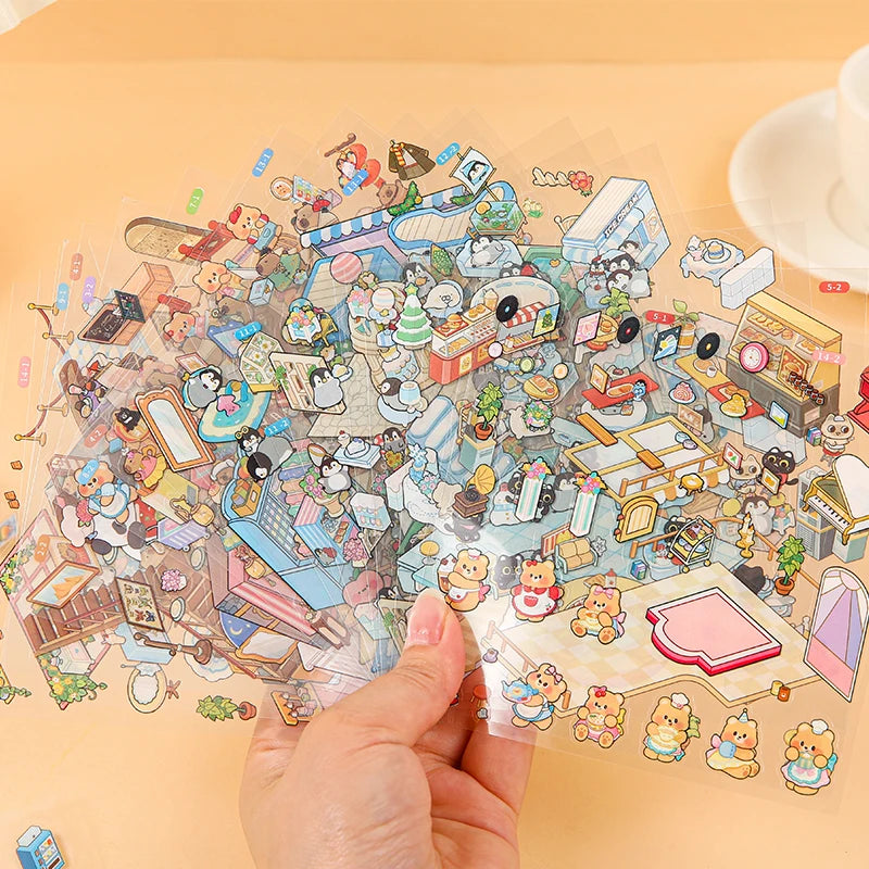 20pcs Cartoon Miniature Scene 3D Landscaping Sticker DIY Cabin Scene Stacking and Pasting Hand Account Scrapbooking Stickers Set Qme