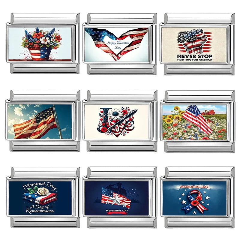 Original Design American Memorial Day Series Fresh Flower Italian Charm Links Fit 9MM Stainless Steel Bracelets DIY Making Gifts Qme