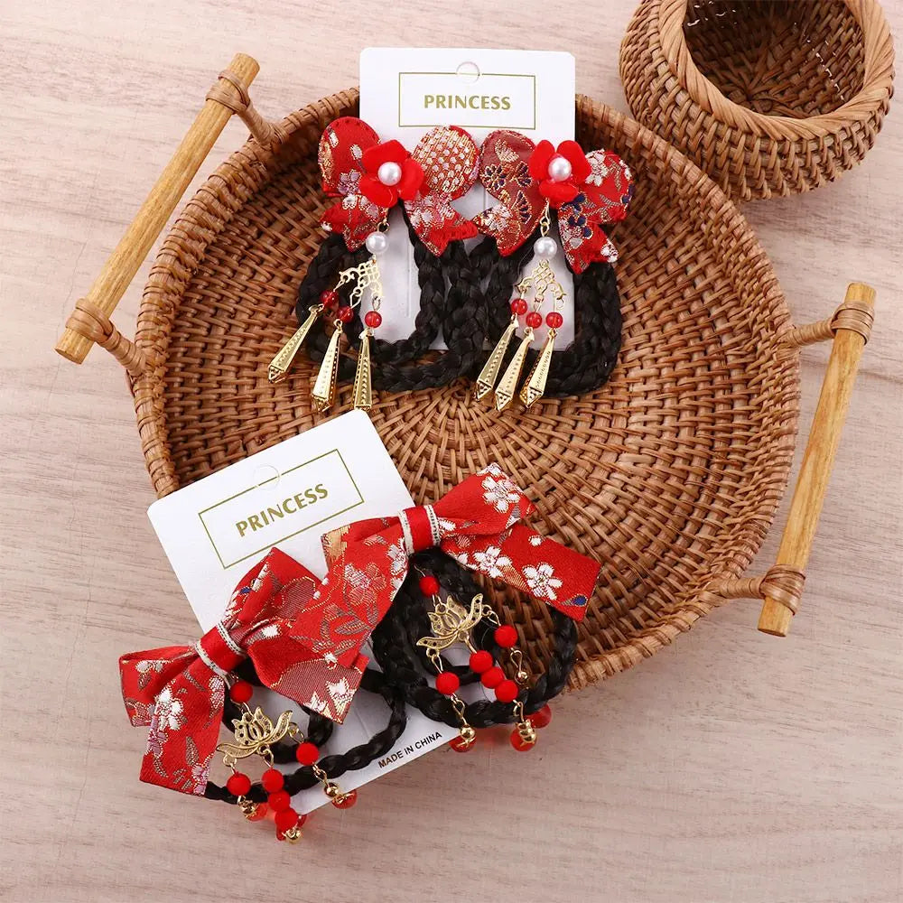 Elegant Sweet Cloth Hanfu Headdress Tang Suit Tassel Chinese Style Wig Braid Hairpin Side Clip Bow Hairpin Hair Accessories Qme