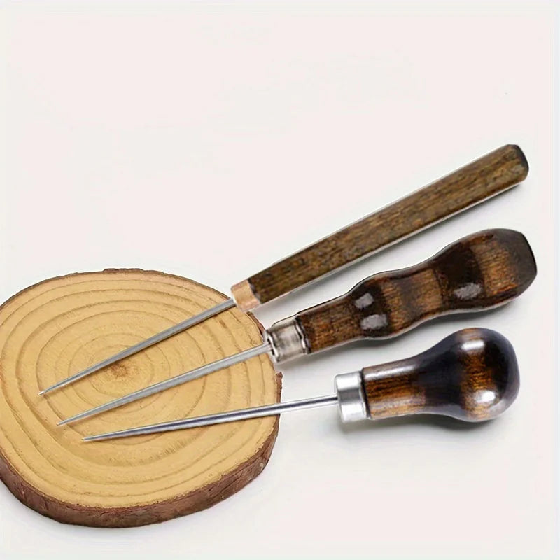 3pcs/Set Leather Awl Tool with Wooden Handle, Stitching Puncher for Sewing, Leathercraft, DIY Qme 3pcs
