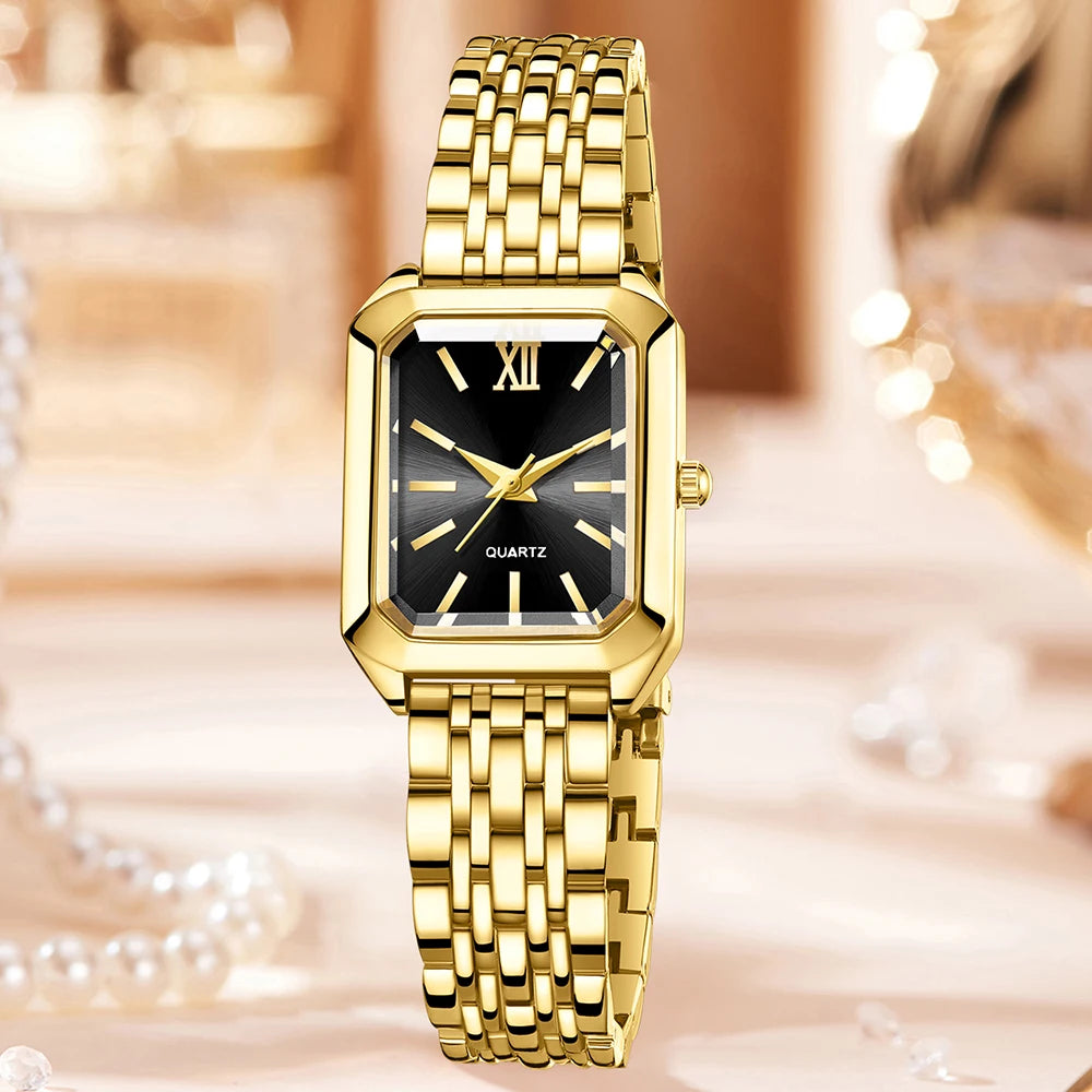Golden Roman Black Plate Small Square Watch Water Drop Metal Bracelet Earnail Necklace 6-piece Set Extreme Accessories Qme