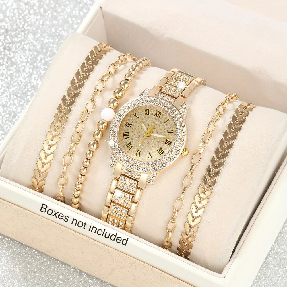 6pcs/set Women's Luxury Rhinestone Quartz Watch Golden Fashion Analog Wrist Watch & Bracelets, Gift For Mom Her Qme Bronze