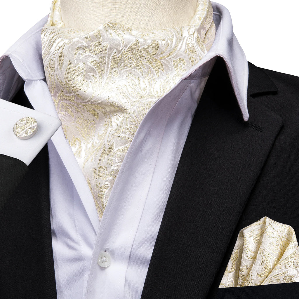 Silk Mens Ascot Black Pink Blue Red Gold Green Purple White Beige Cravat Tie Hanky Cufflinks for Male Wedding Business Prom Gift Qme