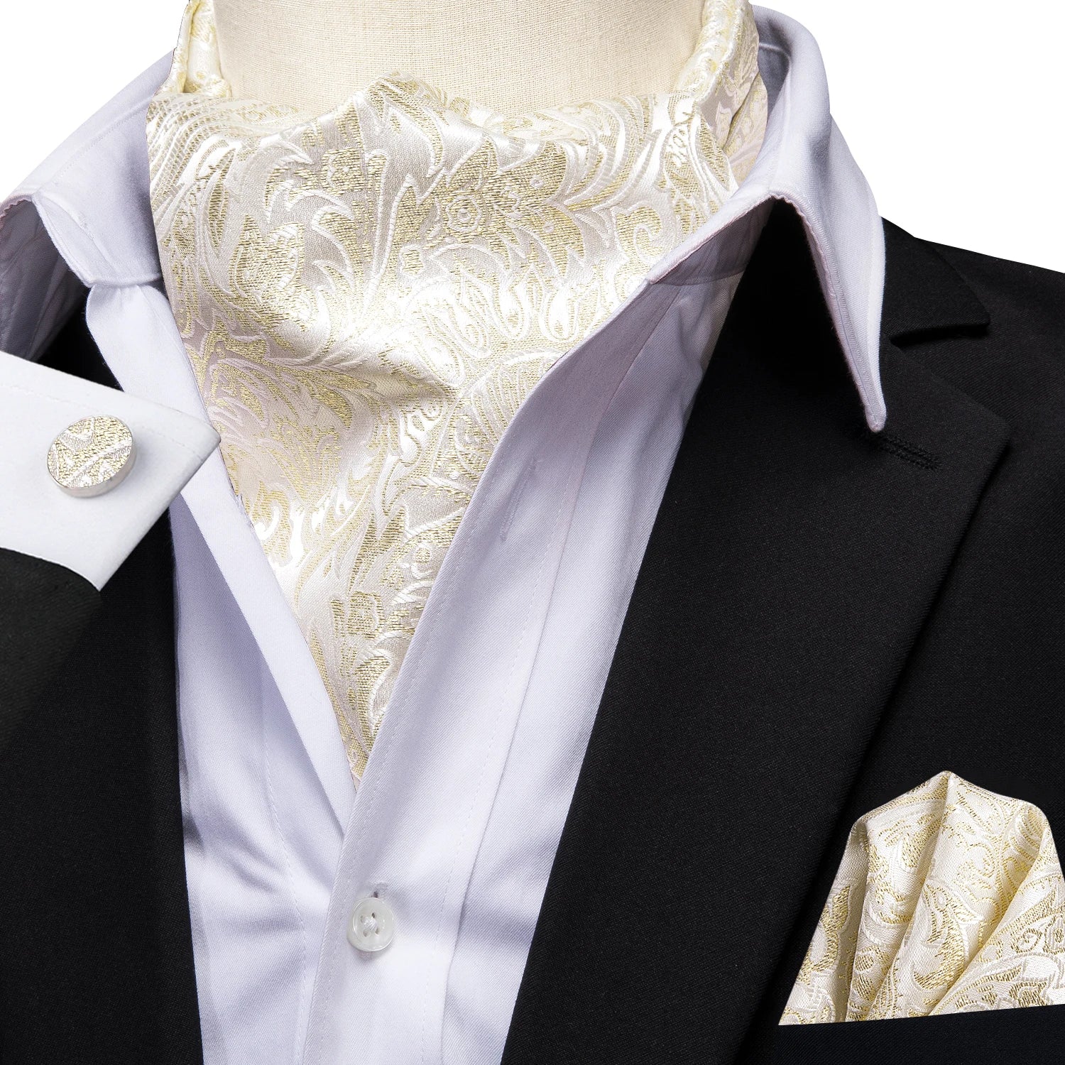 Silk Mens Ascot Black Pink Blue Red Gold Green Purple White Beige Cravat Tie Hanky Cufflinks for Male Wedding Business Prom Gift Qme