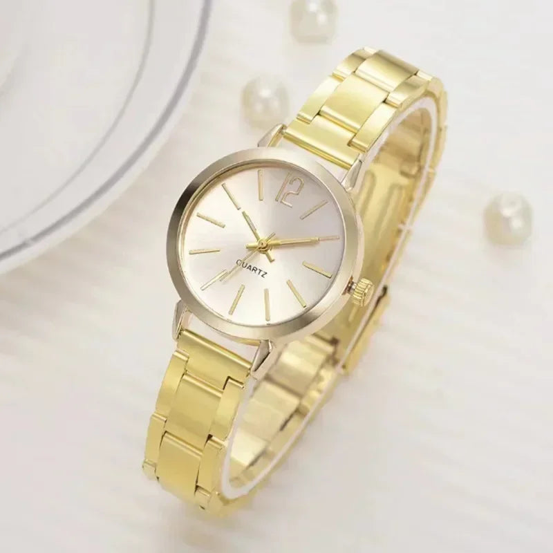 Relógio de pulso de quartzo redondo simples para mulheres, moda inoxidável, pulseira de ouro, relógios femininos, luxo, Qme