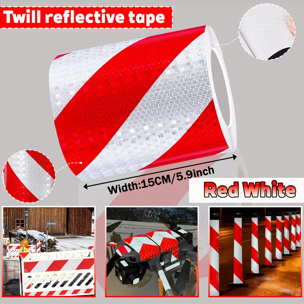 Twill ReflectiveTape High Visibility Self-Adhesive Safety Warning Sticker Conspicuity For Truck Qme Red White-15cm 1m