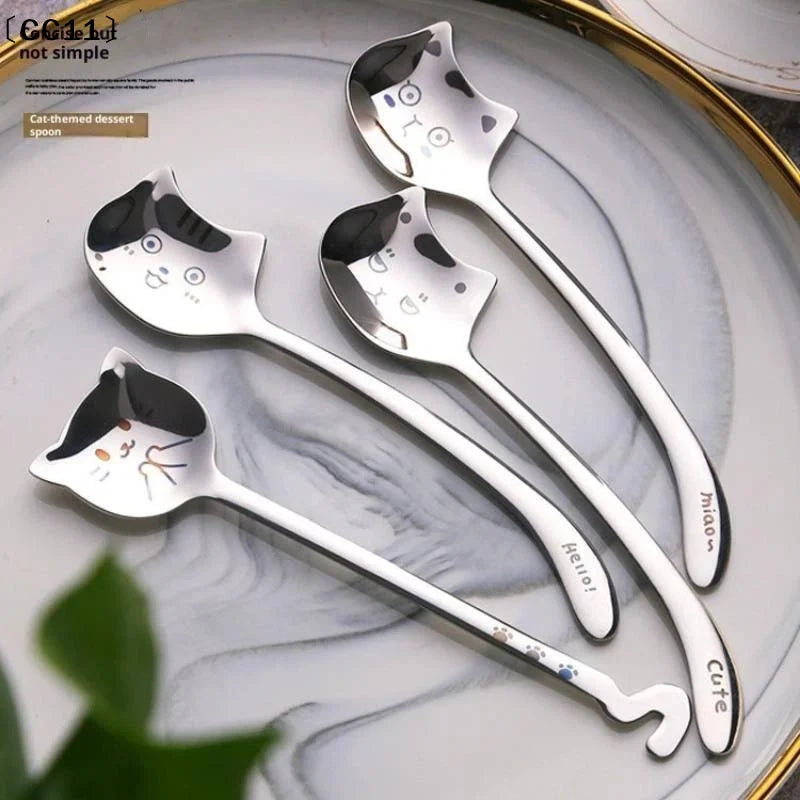 Stainless Steel Cute Cat Spoon Food Grade Cartoon Design Stirring Qme
