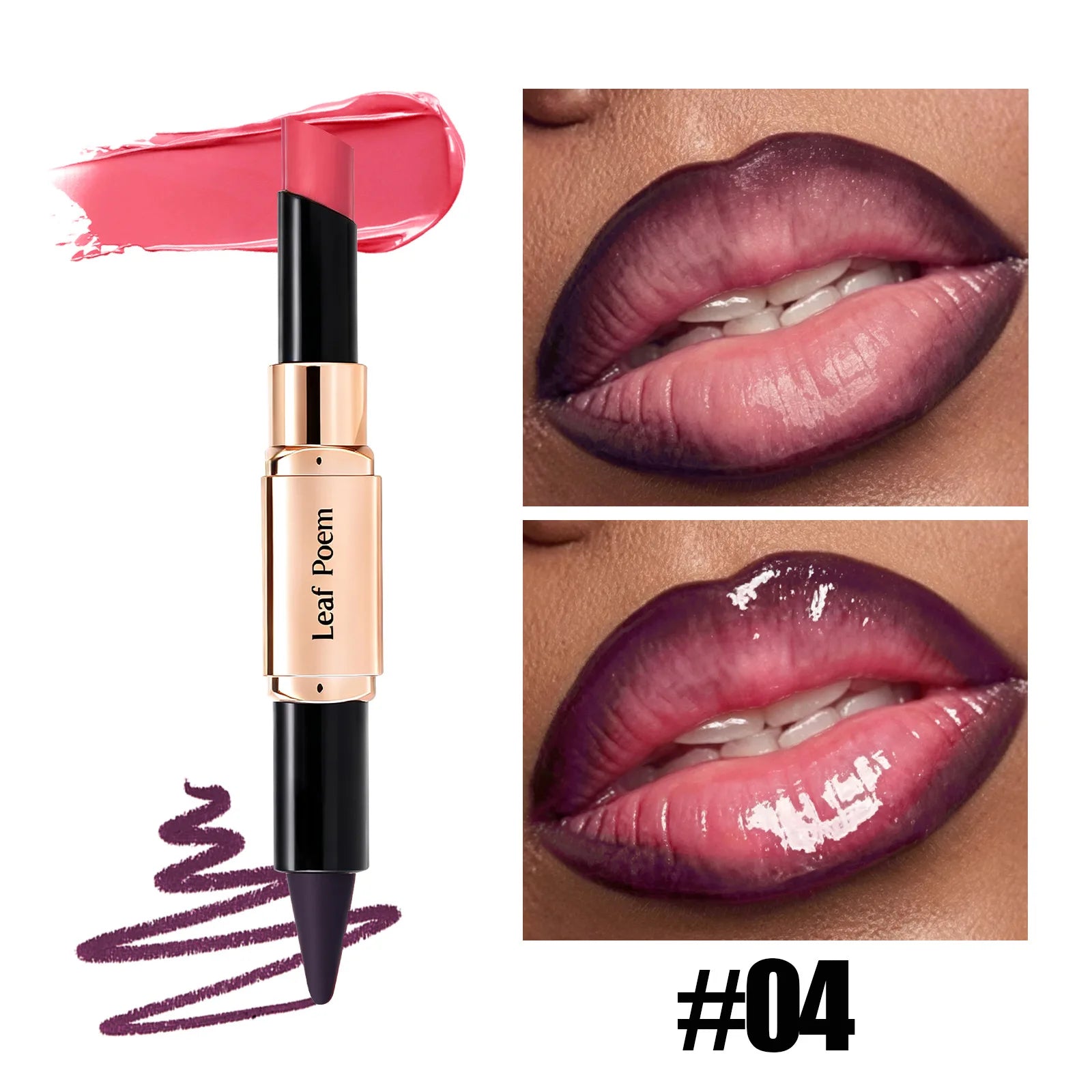 2-in-1 Ultra Fine Lip Liner Velvet Matte Dark Purple Mirror Lipstick Waterproof Non Sticky Contouring Tint Outline Lip Makeup Qme 04
