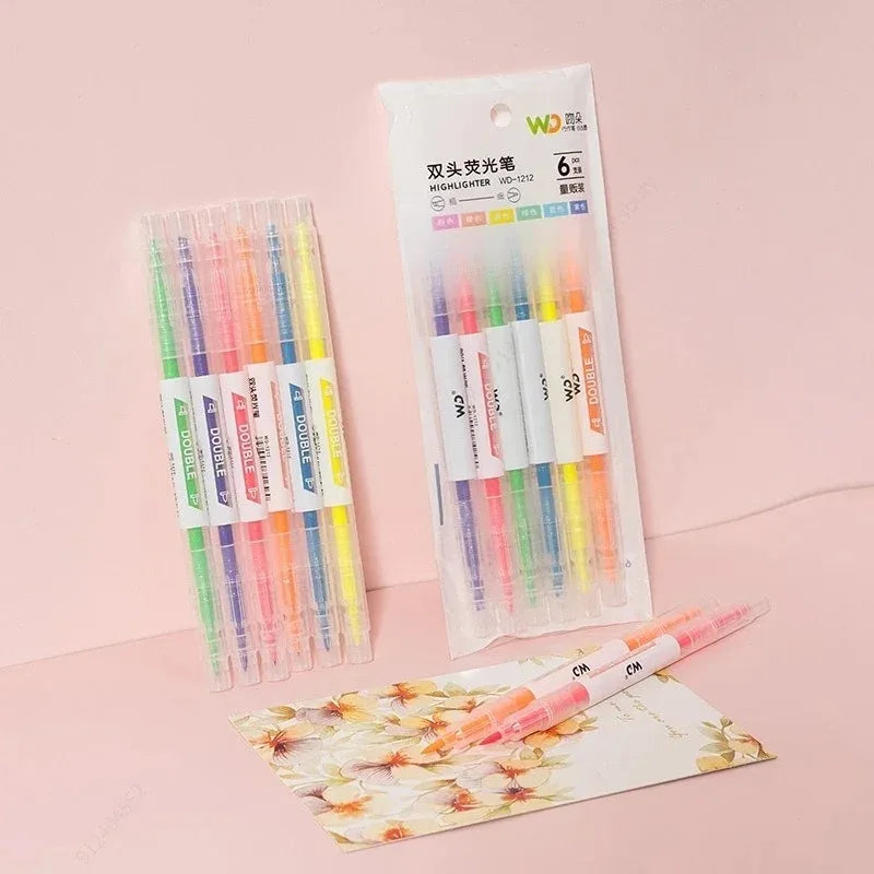 3/6Pcs/Set Double Head Fluorescent Highlighter Pen Markers Pastel Drawing Pen for Student School Office Supplies Cute Stationery Qme