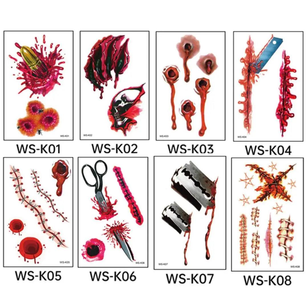 A 10pcs Waterproof Halloween Tattoo Stickers Bleeding Wound Scar Temporary Tattoos for Women Men Fake Tattoo For Halloween Party Qme 8pcs WS-K01K08