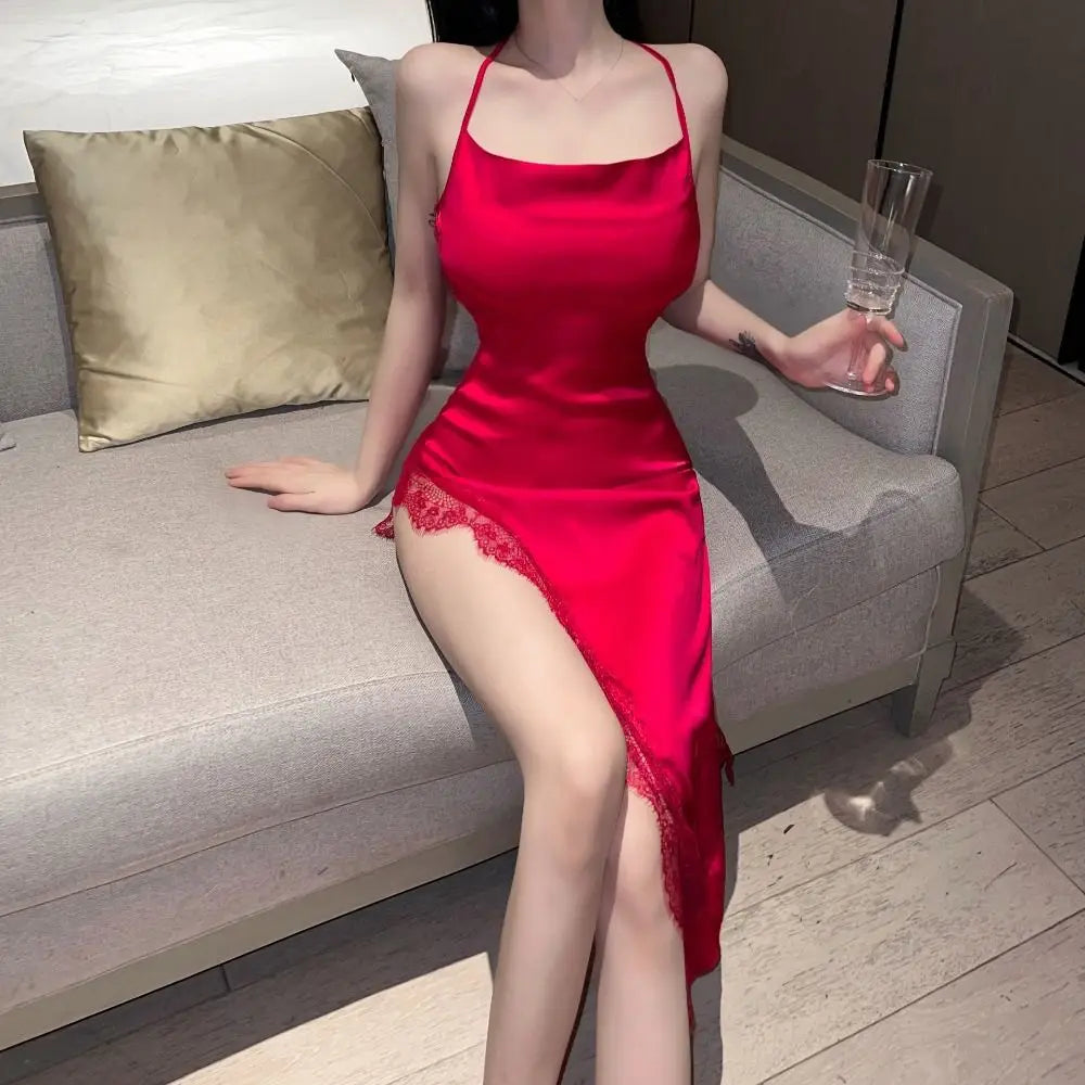 Elegant Split Women Nightgown Beauty-back Spaghetti Strap Lace Pajama Qme