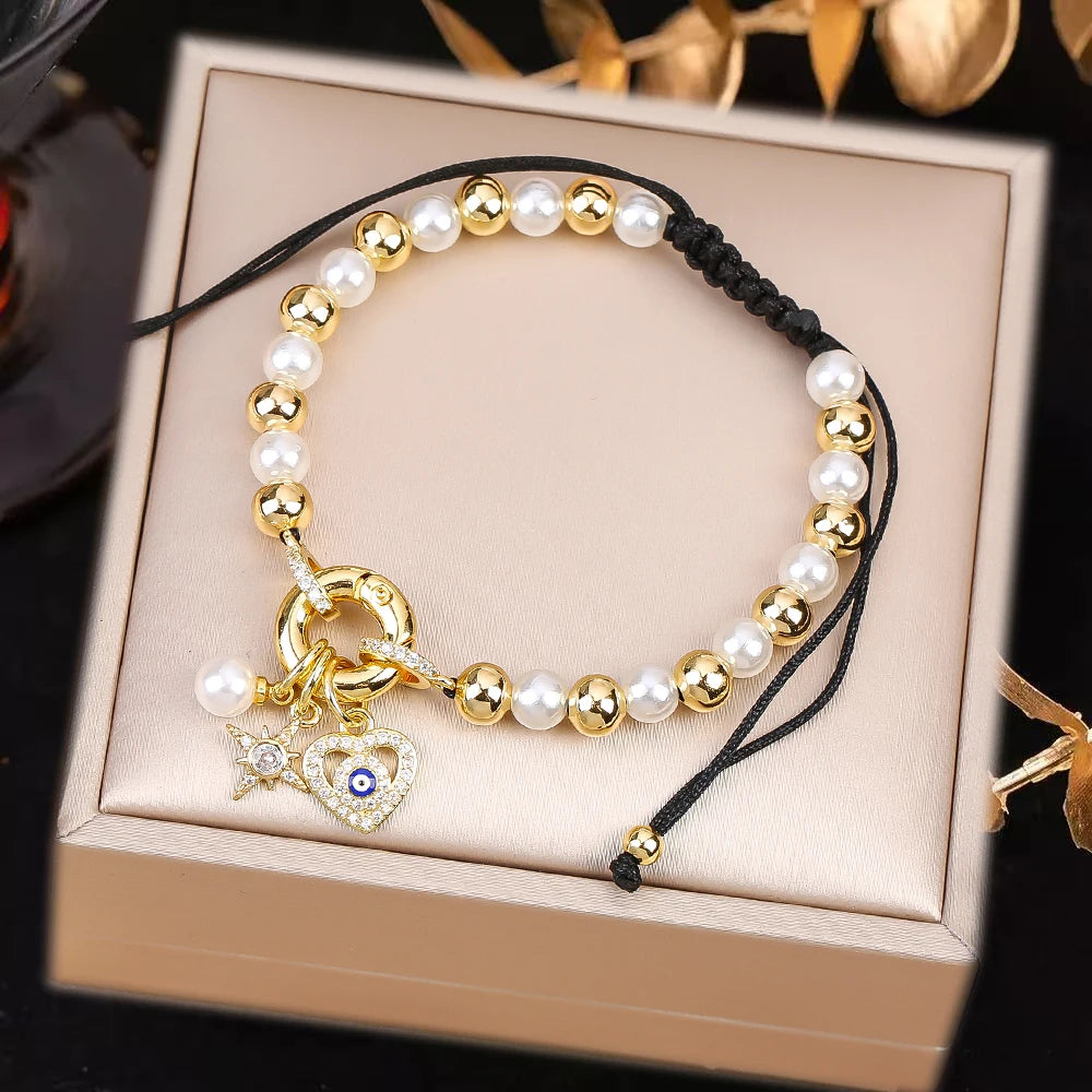 Black Rope Braided Pearl Evil Eye Copper Bead Chain Bracelet Personalized For Man Woman Birthday Holiday Jewelry Prayer Gift Qme J