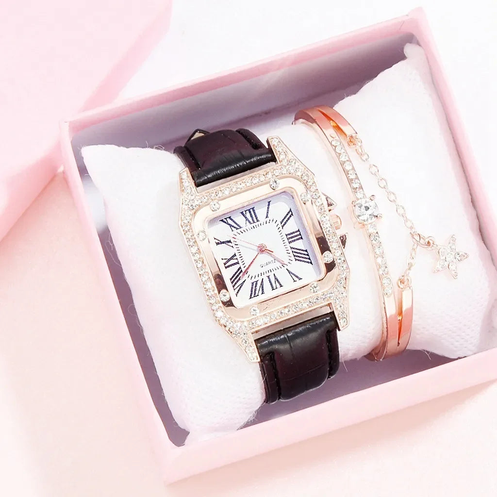 Women Diamond Watch Starry Square Dial Bracelet Watches Set Ladies Leather Band Quartz Wristwatch Female Clock Zegarek Damski Qme black set