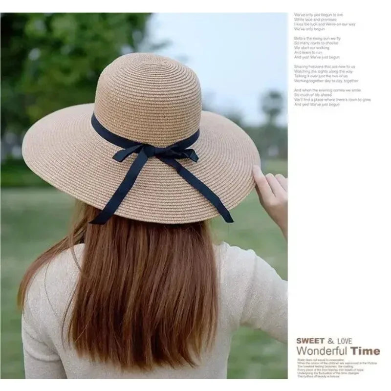 Wide Brim Bowknot Ribbon Straw Sun Hats Women Girls Summer UV Qme