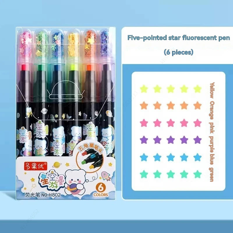 6Pcs/set Cute Star Stamp Highlighter Color Art Marker DIY Hand Account Pen Office Stationery Student School Drawing Supplies Qme 6 colors