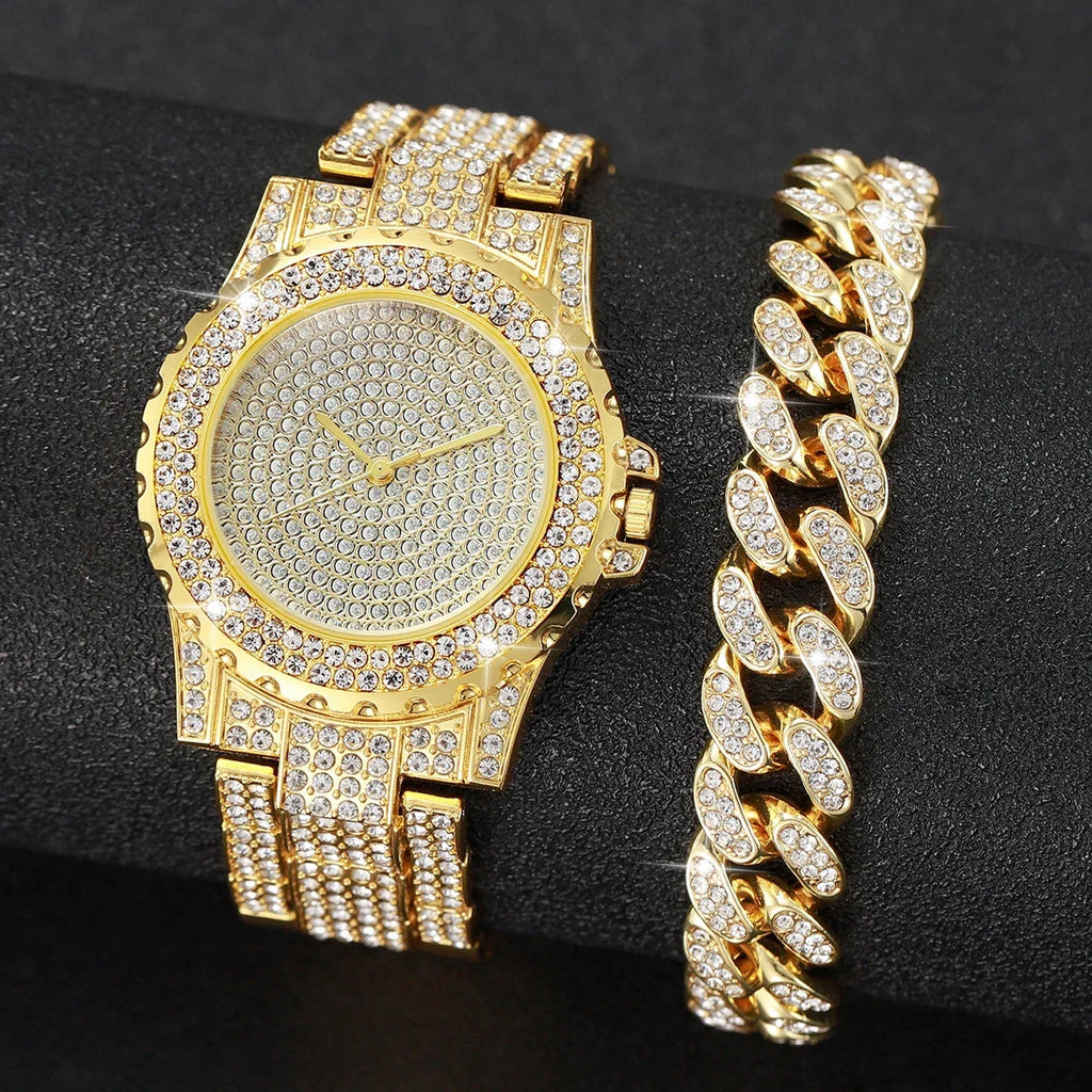 3 Pcs/Set Luxury Full Diamond Men's Watches Gold Steel Band Analog Watch Quartz Necklace Bracelet Set Men's Watch Qme