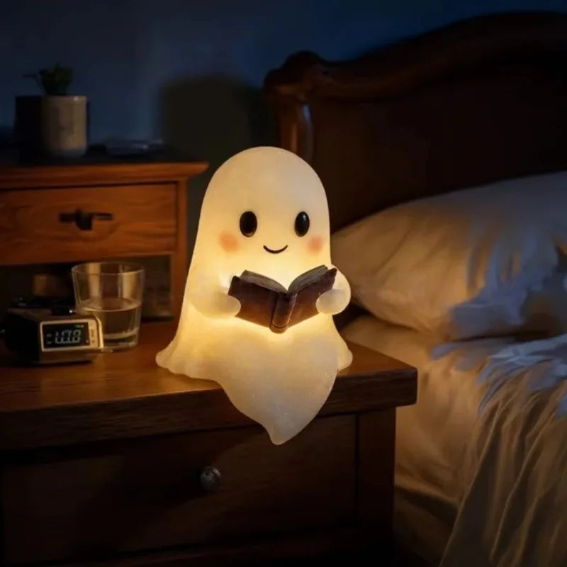 Cute Ghost Reading Book Night Light Spooky Halloween Decor Bedroom Qme 15X11.5X21 YELLOW