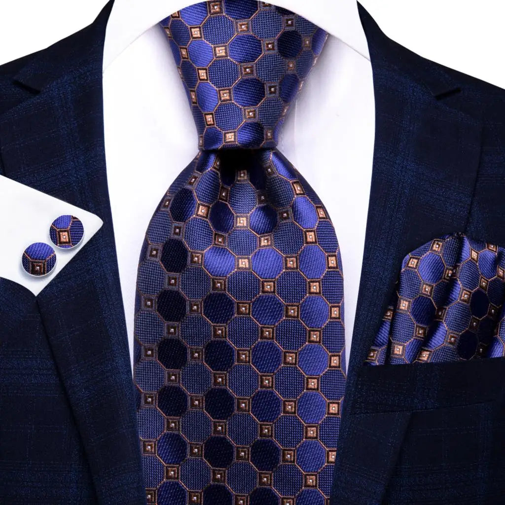 Hi-Tie Navy Blue Floral Striped Silk Elegant Tie For Men Groom Wedding Men Necktie Pocket Square Cufflink Accessory Wholesale Qme N-3917