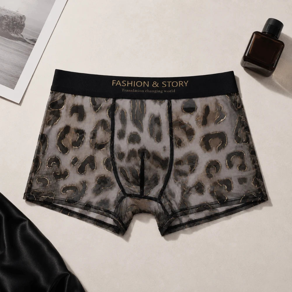 Cool Leopard Print Men's Ice Silk Boxer Underwear Ultra Thin Mesh Qme