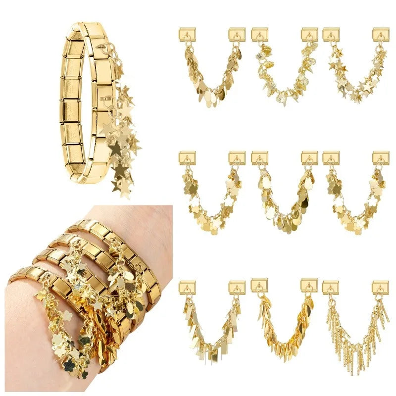 Fashion Bracelet Charms 9mm Full Zircon Shiny Gold Color Tassel Chain Gift for Friend Italian Stainless Steel Jewelry Wholesale Qme