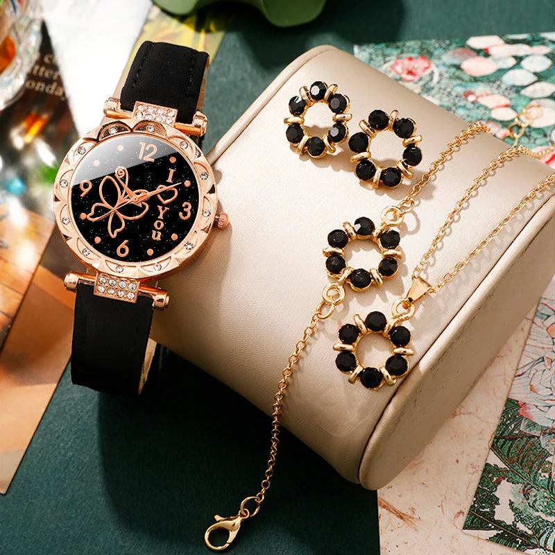 Women's watch with minimalist elements dialing quartz watch latex belt jewelry set for girls' gift Qme 5pcs