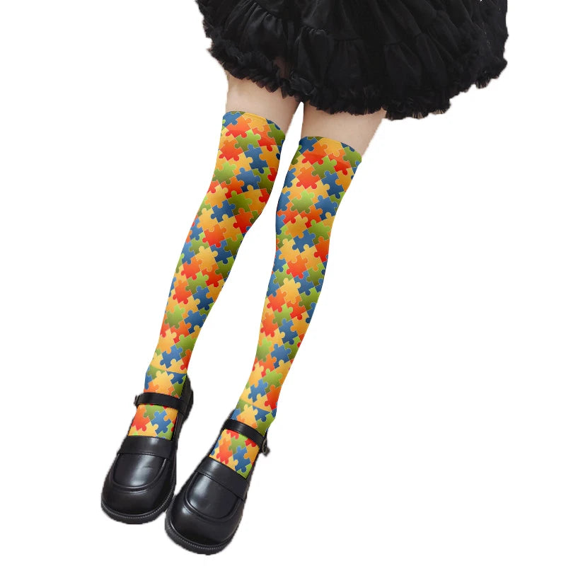 Novelty Puzzle Pattern Stockings Harajuku Sexy Plaid Knee Socks Qme style8 One Size