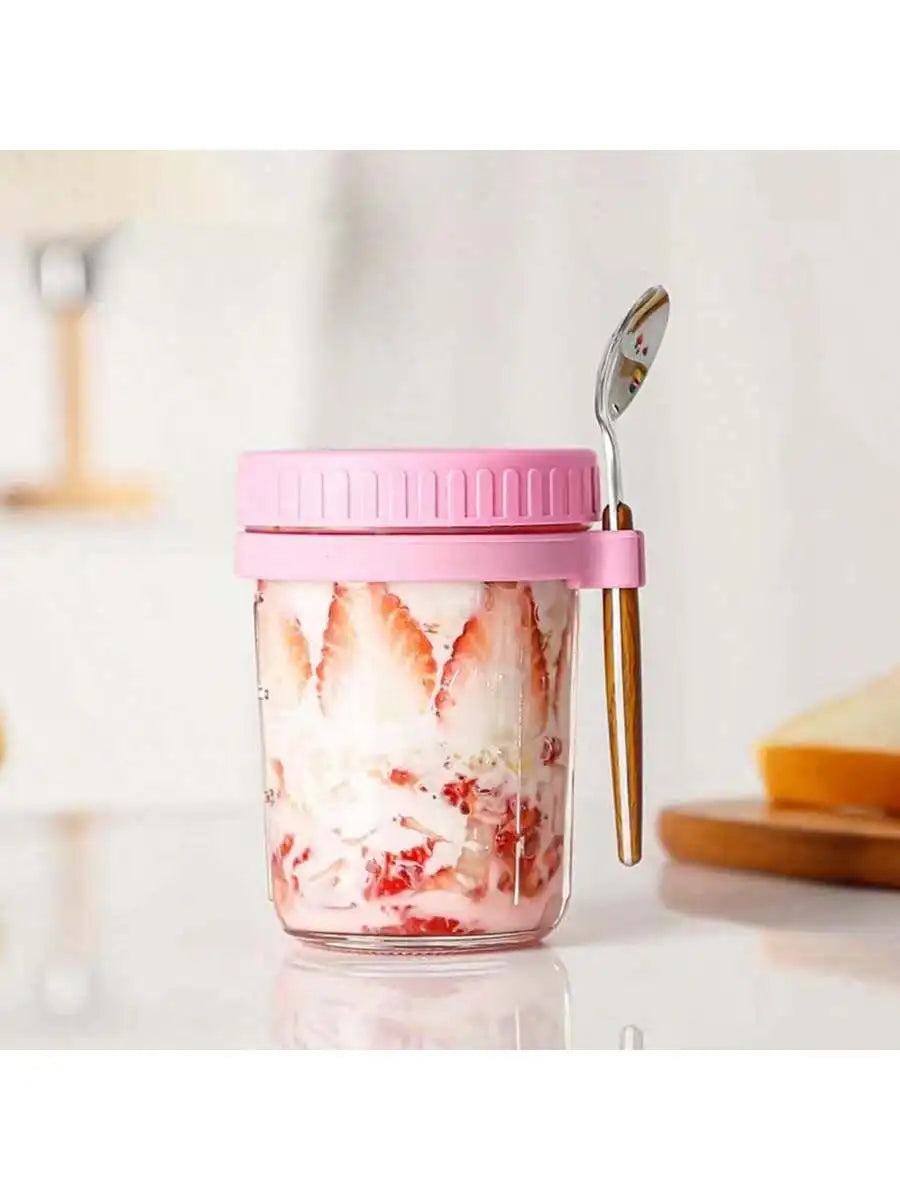 Overnight Oatmeal Container Lid Spoon Large Capacity Airtight Jar Qme pink