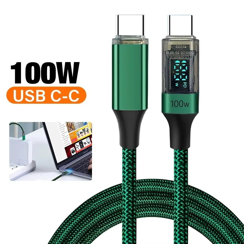 100W USB C Data Cable Digital Display USB C to C Data Cord 0.5M/1M/2M Quick Charge Type-C Charging Line for iPhone Huawei Xiaomi Qme