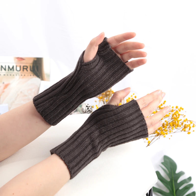 Women Gloves Fashion Hand Warmer Winter Glove Girls Arm Crochet Knitting Goth Lolita Solid Fingerless Mitten Kawaii Accessories Qme Dark Grey length-20cm