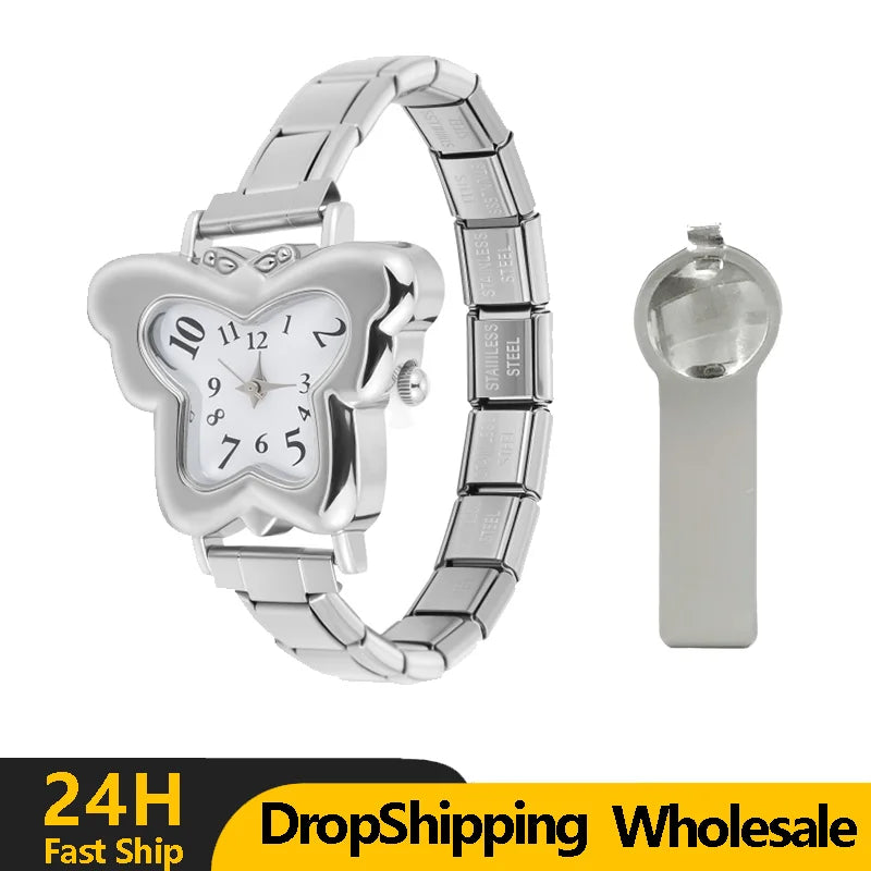 Dropshipping Italian Elastic Charm DIY 9mm Width Stainless Butterfly Watch Women's Bracelet Bangle For Party Friend Jewelry Gift Qme
