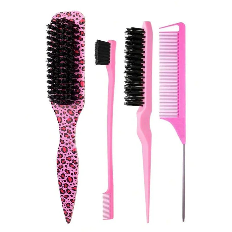 Boar Bristle Slick Back Hair Brush for Sleek Ponytail Bun & Smoothing Baby Hairs, Flyaways, Edge Control - Backcombing & Teasing Qme 4PCSPink Leopard Set
