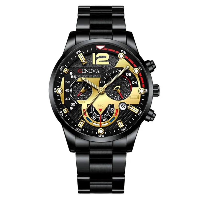 GENEVA Men's Creative Six-Pin Watch Alloy Steel Band Quartz Watch Men Watch New Luxury Men's Quartz WristWatch Qme 6-Black-Gold