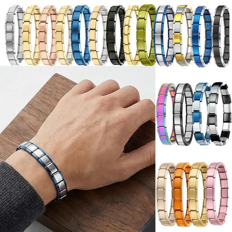 Italian Charms Silver Blue Stainless Steel Elastic Link Bangle 9mm Width Hand Chain DIY Module Bracelets Making Jewelry Gifts Qme