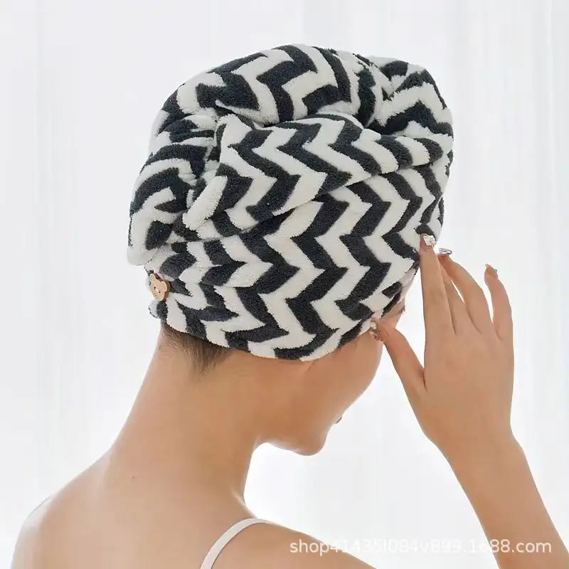 Striped Microfiber Hair Drying Cap Thick Coral Fleece Quick Dry Qme black