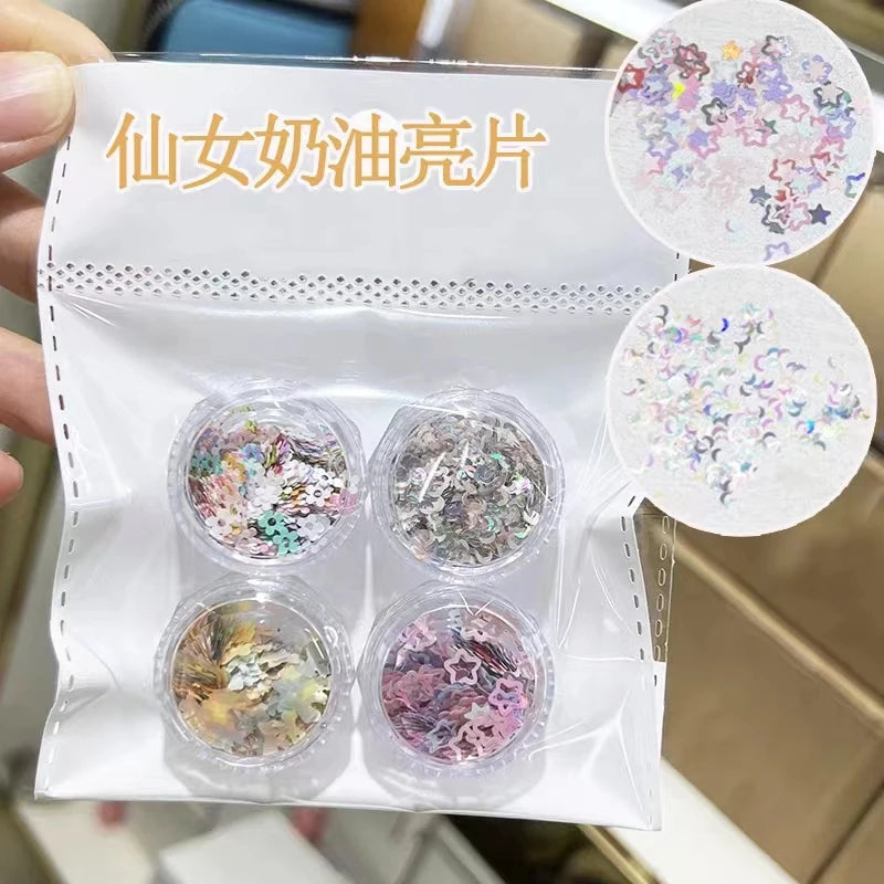 4 Fluorescent Mixed Shapes Nail Sequins Moon Star Flower Heart Art Qme