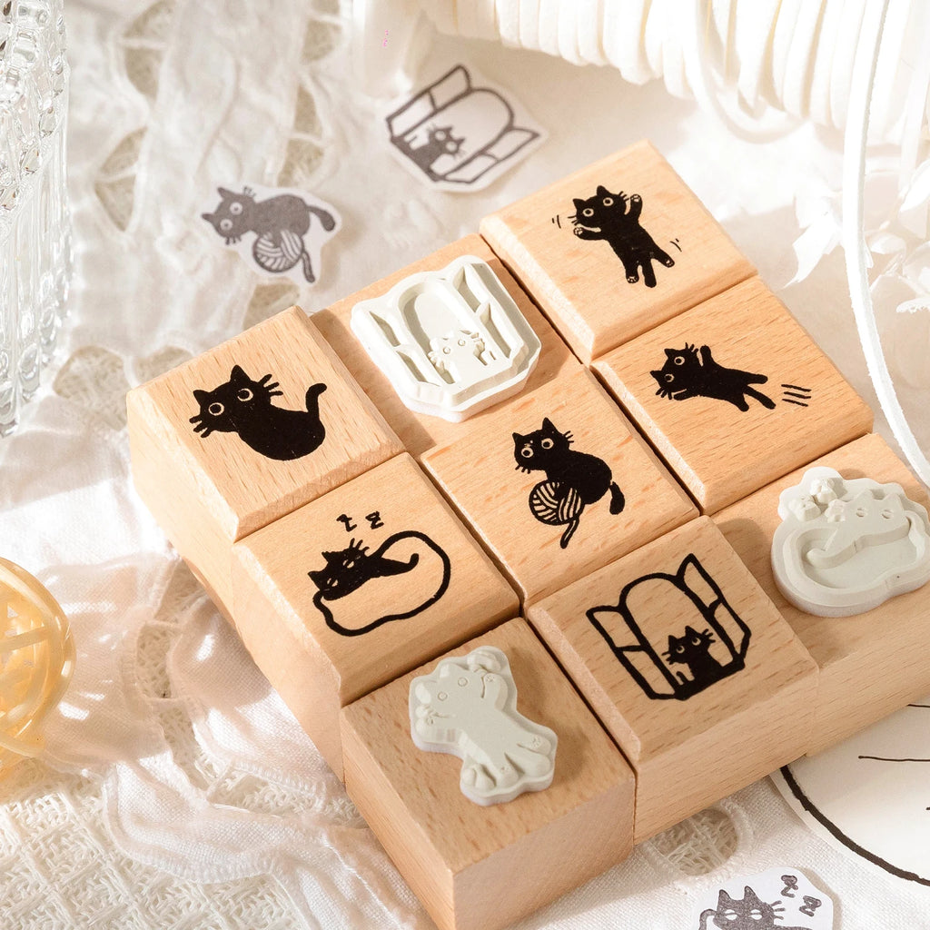 Cute Little Black Cat Decoration Stamp Retro Wooden Rubber Stamps for Scrapbooking Stationery DIY Decorative Craft Standard Seal Qme