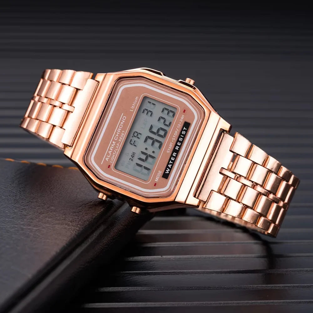 LED electronic watch with steel strip, small square, Harajuku style multifunctional watch Qme Rose