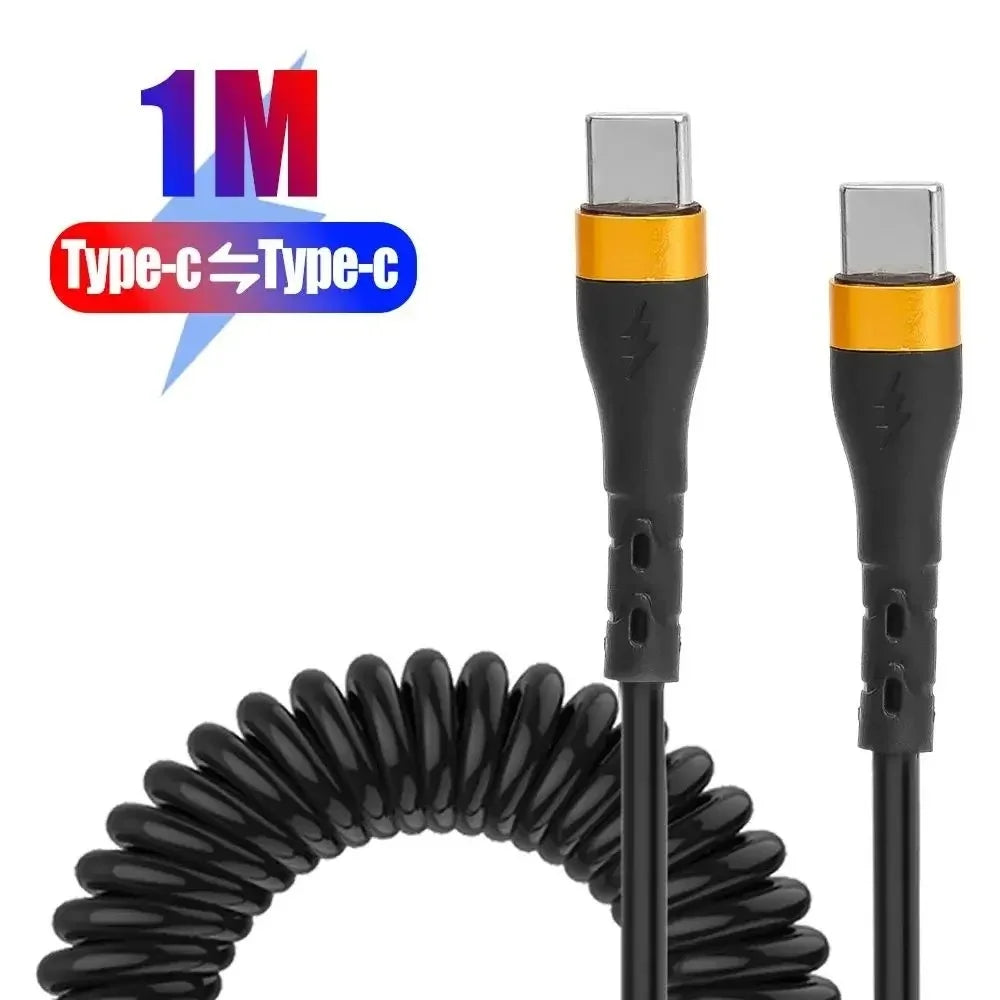 PD 120W Type C to Type C Spring Data Cord Fast Charging Coiled Cable For iPhone Samsung Xiaomi Huawei 1/1.8m USB C Charging Wire Qme Gold 1m